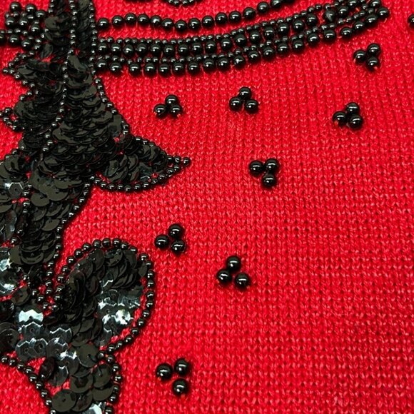 Vintage Dana Scott Red Knit Sweater Cardigan w/ Black Beads & Sequins Size Large - Picture 3 of 7